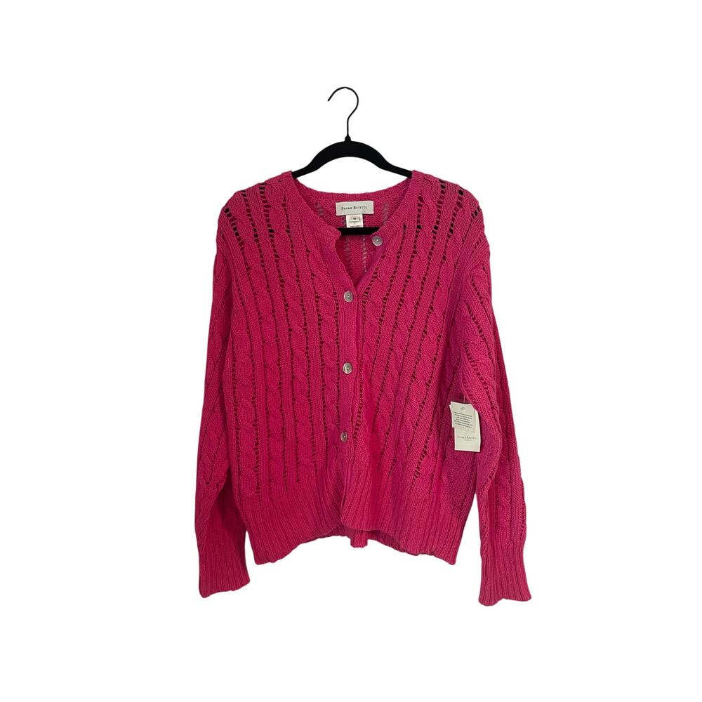 NWT Susan Bristol Cable Knit Cardigan Pink Cotton Shell Button Cottagecore-M